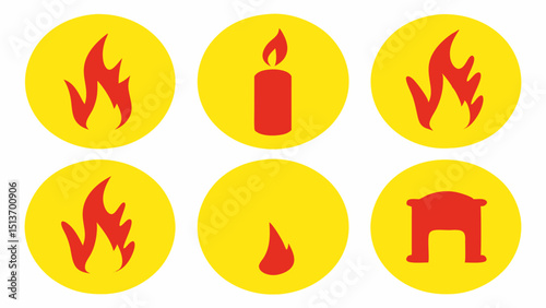 Fire and Flame Icons – Torch, Campfire, Fireplace, Fire Safety Symbols
