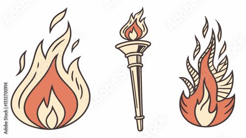 Fire and Flame Icons – Torch, Campfire, Fireplace, Fire Safety Symbols