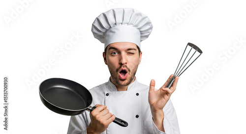 Surprised male chef winking and holding a frying pan and a kitchen whisk