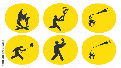 Fire and Flame Icons – Torch, Campfire, Fireplace, Fire Safety Symbols