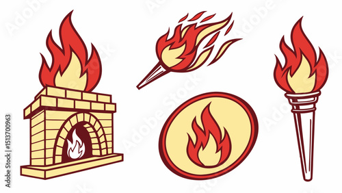Fire and Flame Icons – Torch, Campfire, Fireplace, Fire Safety Symbols