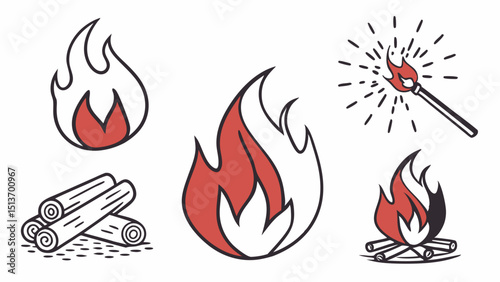 Fire and Flame Icons – Torch, Campfire, Fireplace, Fire Safety Symbols