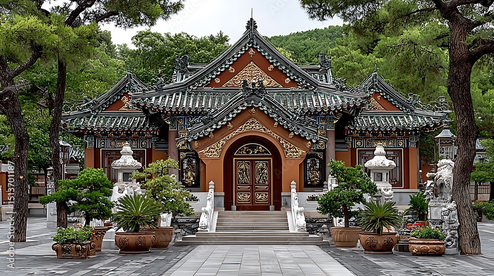 Obraz premium Classic pagoda style architecture in peaceful forest setting high resolution photo