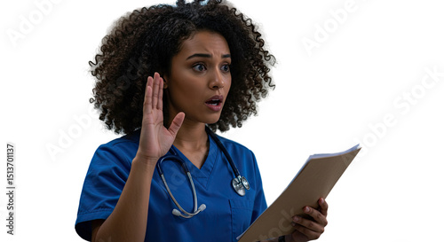 Surprised nurse listening intently while holding medical records and stethoscope