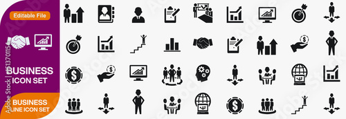 Business icons set with team, stats, briefcase, portfolio, profit, analysis, coordination, international, collaboration, insurance icon. Simple line icon