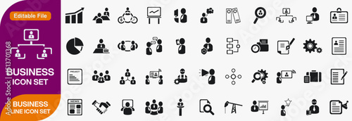 Business icons set with team, stats, briefcase, portfolio, profit, analysis, coordination, international, collaboration, insurance icon. Simple line vector
