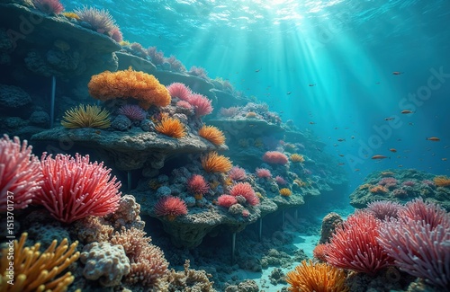 Underwater scene of vibrant coral reef nurseries with diverse marine life. Colorful coral colonies thrive in fixed sea bottom structures. Environmental protection concept biodiversity conservation. photo