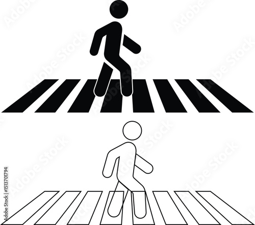 Cross walk icon set. Person walking on Crosswalk sign. Pedestrian crossing symbol. Zebra crossing logo. flat and line style.