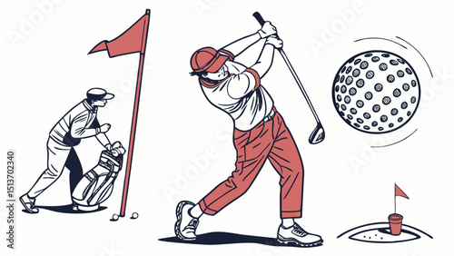 Golf Sports Icons – Players, Golf Ball, Clubs, Flags, Trophies & Carts