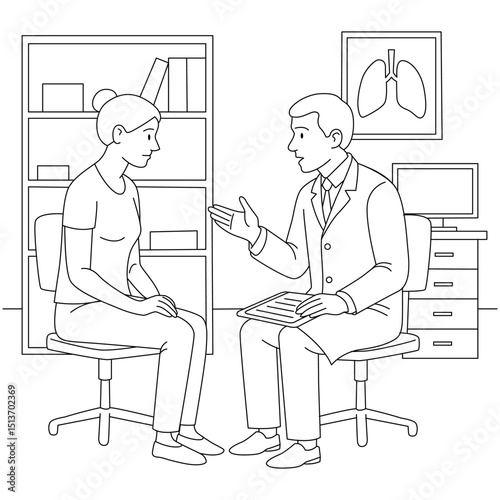 Doctor consulting a female patient in a medical office. Hand-drawn black and white line art illustration, healthcare and communication concept, modern clinical environment