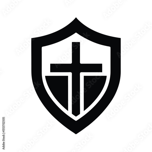 Black and white shield with christian cross symbol for religious design elements