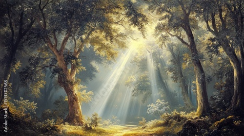 Enchanting Forest Radiance: Sunlight Filtering Through Ancient Canopy