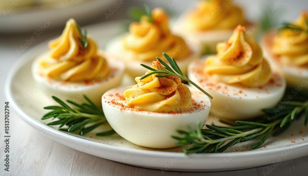 Delicious deviled eggs on white plate with fresh rosemary garnish. Appetizing party food. Yellow egg filling. Culinary cooking recipe for gathering, dining. Celebration festive snack for summer Delicious deviled eggs on white plate with fresh rosemary garnish. Appetizing party food. Yellow egg filling. Culinary cooking recipe for gathering, dining. Celebration festive snack for summer