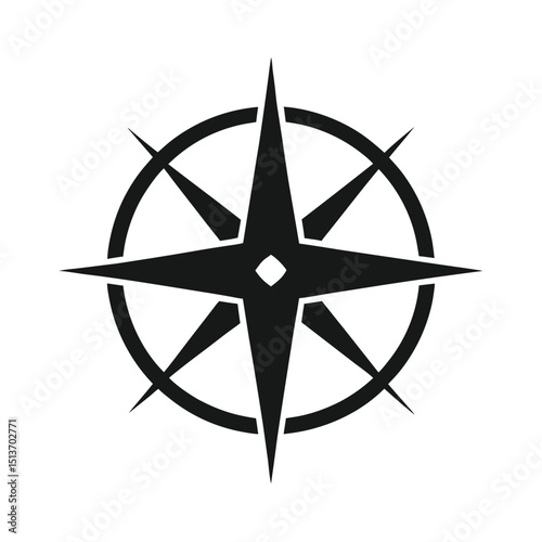 Black and white compass rose vector illustration for navigation and directional guidance