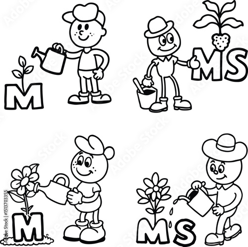 Cartoon characters gardening alphabet letters growing plants black and white line art