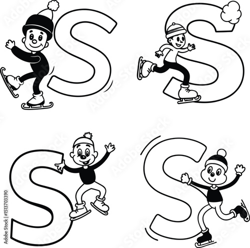 Whimsical winter alphabet letter s with cartoon ice skaters outlines