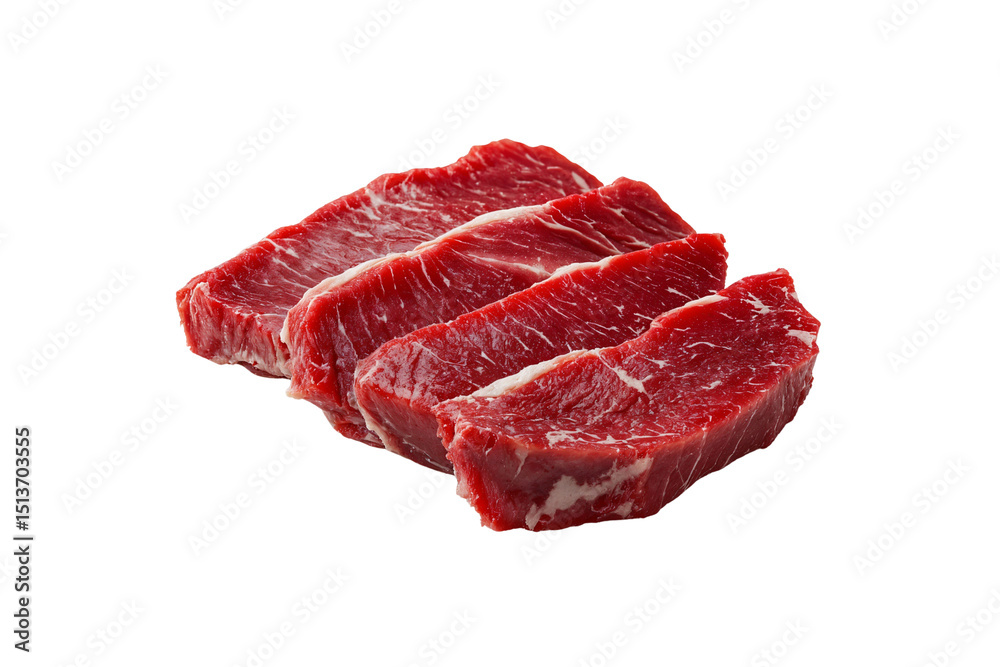 Fototapeta premium Raw beef slices perfect for cooking, grilling, barbecue, or food industry and culinary designs, isolated on transparent background