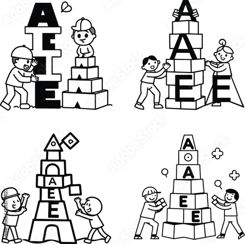 Cartoon kids playing with alphabet blocks black and white line art