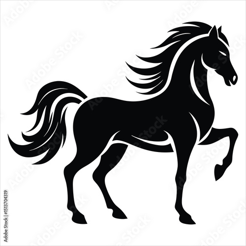Drawing the silhouette of running horse, Black horse running gallop isolated on transparent background