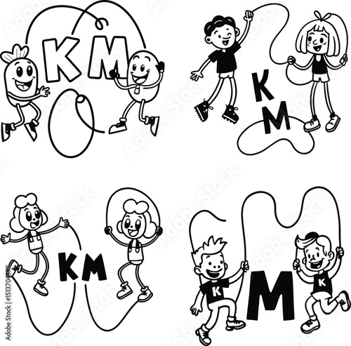 Children jumping rope with initials outline style cartoon illustration