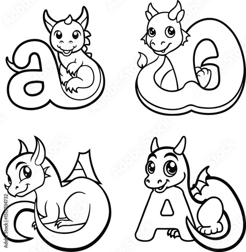 Cute cartoon dragons combined with various alphabet letters illustration