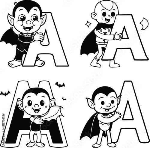 Cartoon vampire alphabet collection adorable halloween theme outlines for coloring pages
