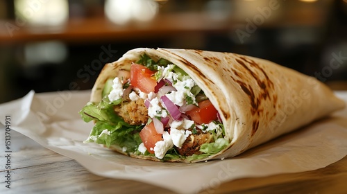 Falafel wrap with onion feta tomato and lettuce on wooden tables