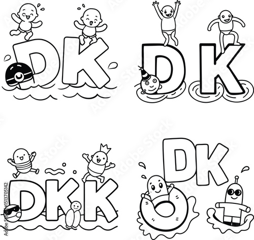 Cute doodle cartoon baby characters with dk initials for coloring page