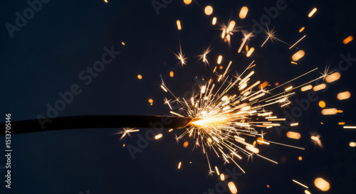 Bright sparks flying from a burning fuse or electric cable. Energy ignition concept for city electric system. Burst of power.