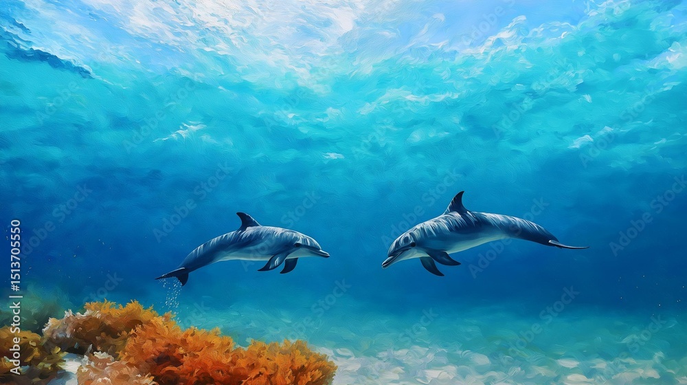 Fototapeta premium Underwater scene of two dolphins swimming in the ocean. the dolphins are facing each other and appear to be in mid-jump.