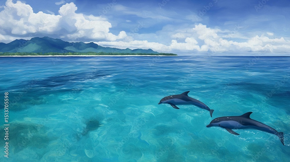 Fototapeta premium Digital illustration of two dolphins swimming in the ocean. the ocean is a beautiful turquoise color and the water is a deep blue-green color.