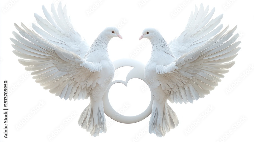 Obraz premium Two white doves in flight, centered on a white circle with a heart shape in the middle