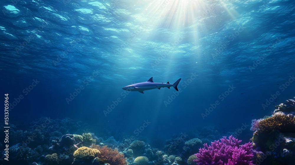 Obraz premium Underwater scene of a coral reef. the water is a deep blue color and the sunlight is shining through the water, creating a bright light that illuminates the scene.