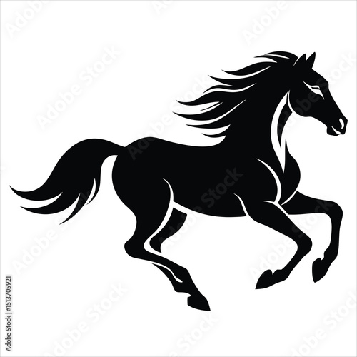 Drawing the silhouette of running horse, Black horse running gallop isolated on transparent background