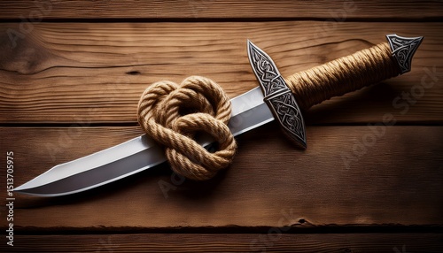dagger and knotted rope symbolizing gordian knot on wood