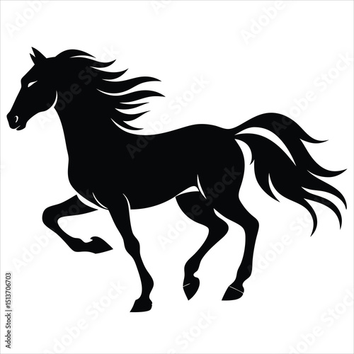 Drawing the silhouette of running horse, Black horse running gallop isolated on transparent background