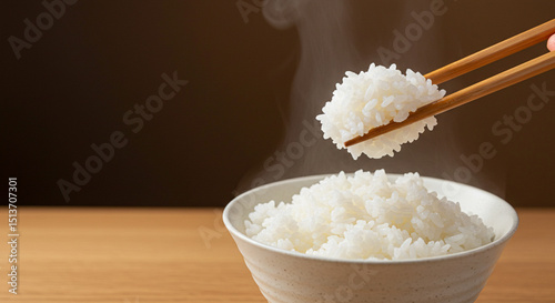 Steaming hot Japanese white rice in white bowl