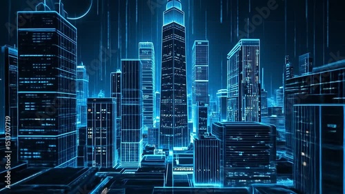 Digital cityscape formed from binary digits and holographic outlines projected by grid