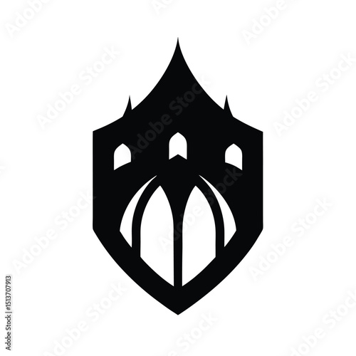Black and white gothic revival architecture symbolic design on a white background