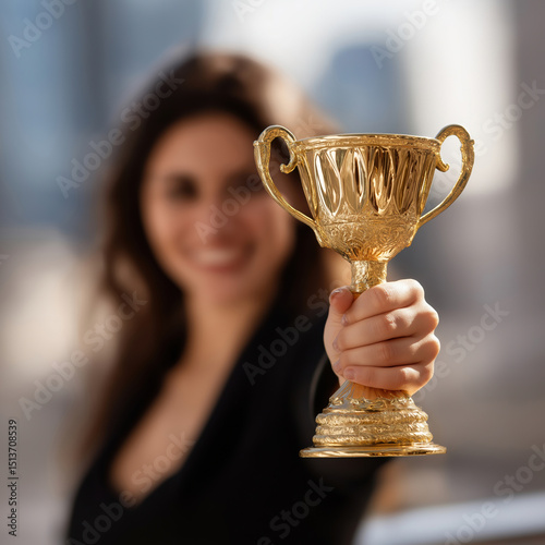 Celebration of success with a golden trophy held by smiling woman outdoors