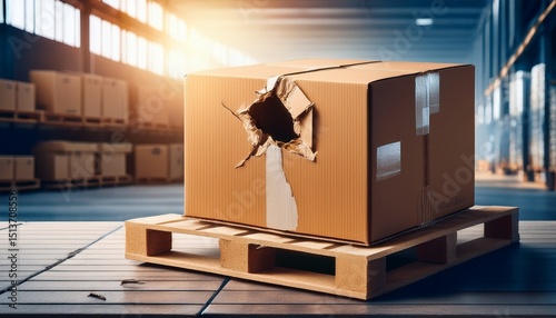 damaged cardboard box on pallet warehouse torn box with a visible hole shows product damage broken goods logistic delivery issues packaging failure insurance claim concept
