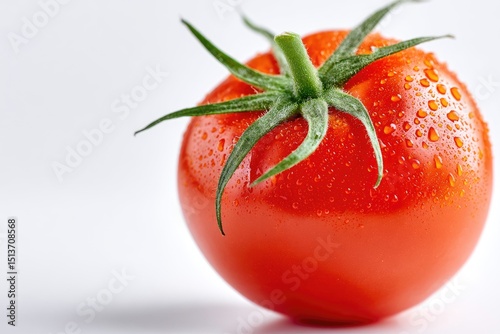 Close-up of a single, ripe tomato with water droplets. © unlimited