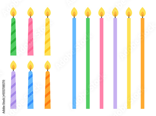 Set of birthday candles with flames in simple minimal style. Flat vector illustration