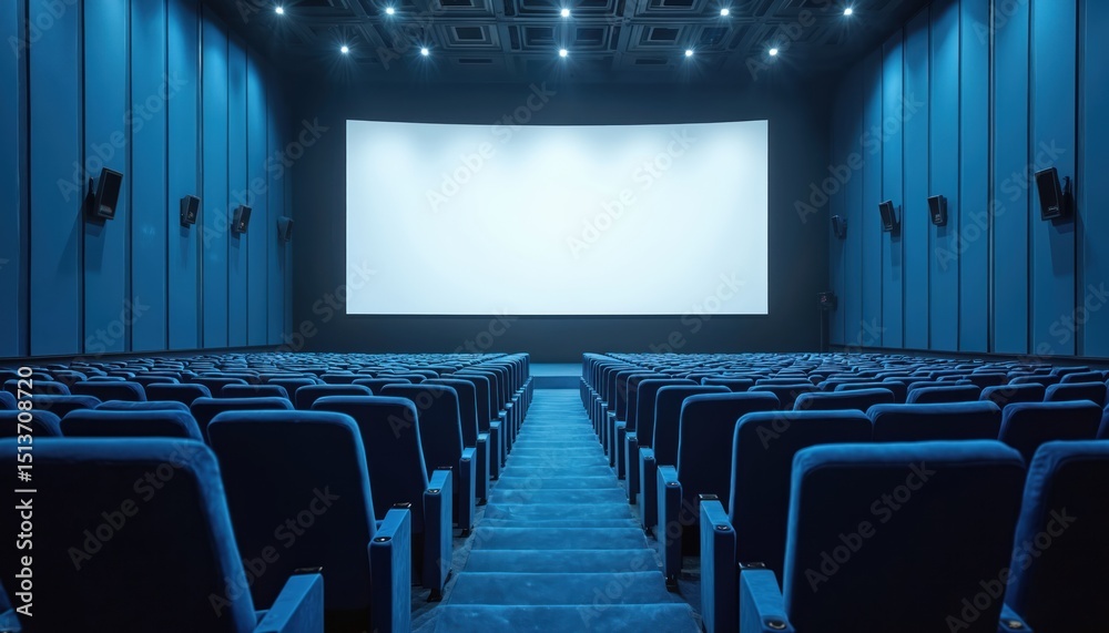 Fototapeta premium Empty cinema auditorium with white screen. Rows of blue seats, speakers, lights. Blank display screen for movie, film, event, presentation. Modern indoor theater. Cinematic experience.