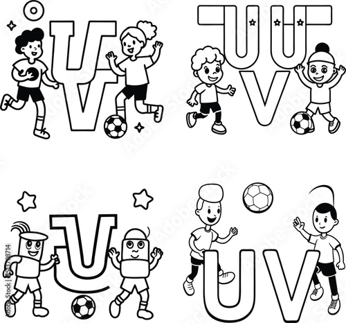 Illustration set featuring cute kids playing soccer with alphabet letters uv