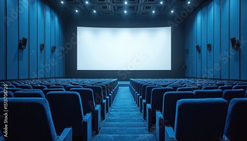 Empty cinema auditorium with white screen. Rows of blue seats, speakers, lights. Blank display screen for movie, film, event, presentation. Modern indoor theater. Cinematic experience.
