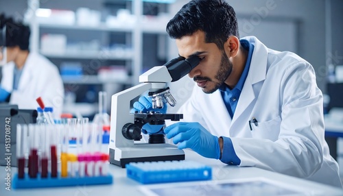 Scientist Examining Samples Under Microscope in a Modern Laboratory Setting