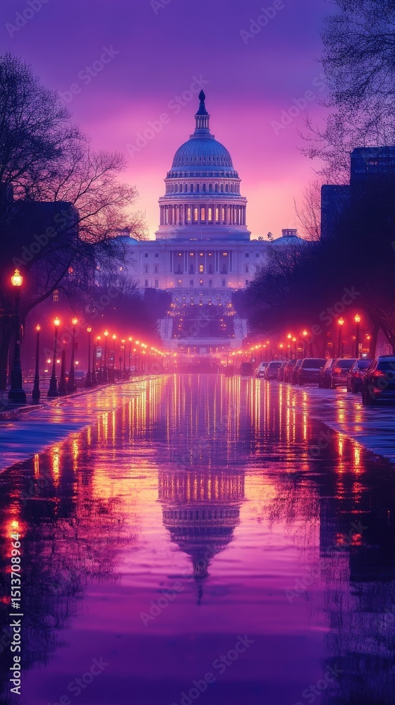 Fototapeta premium A vibrant reflection of a capitol building at dawn.