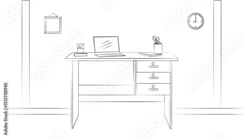 Black and white line art of a home office desk setup featuring a laptop, drawers, books, a plant, a clock, and stationery, workspace illustrations.
