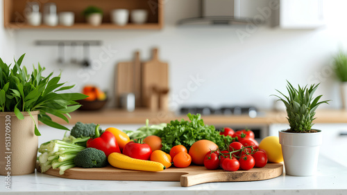 Fresh organic vegetables arranged on a wooden cutting board in a modern kitchen, ideal for healthy cooking, meal prep, and food styling.